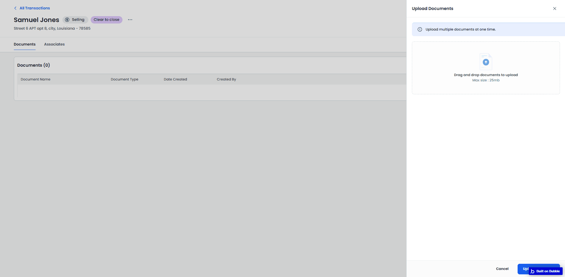 Transaction detail view with status tracking, document checklist, and timeline