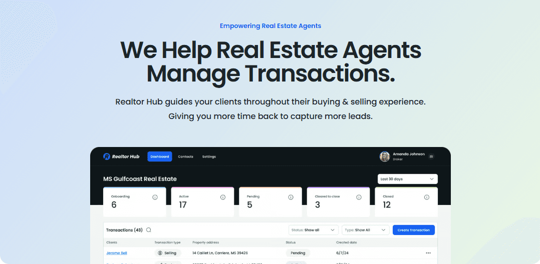 Realtor Hub home screen with agent workspace and active deal overview