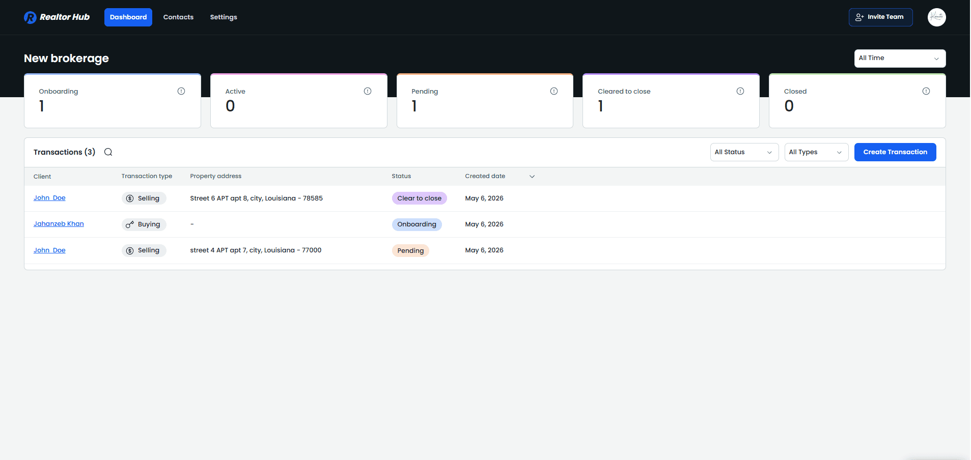 Broker reporting dashboard showing live pipeline, active transactions, and agent activity